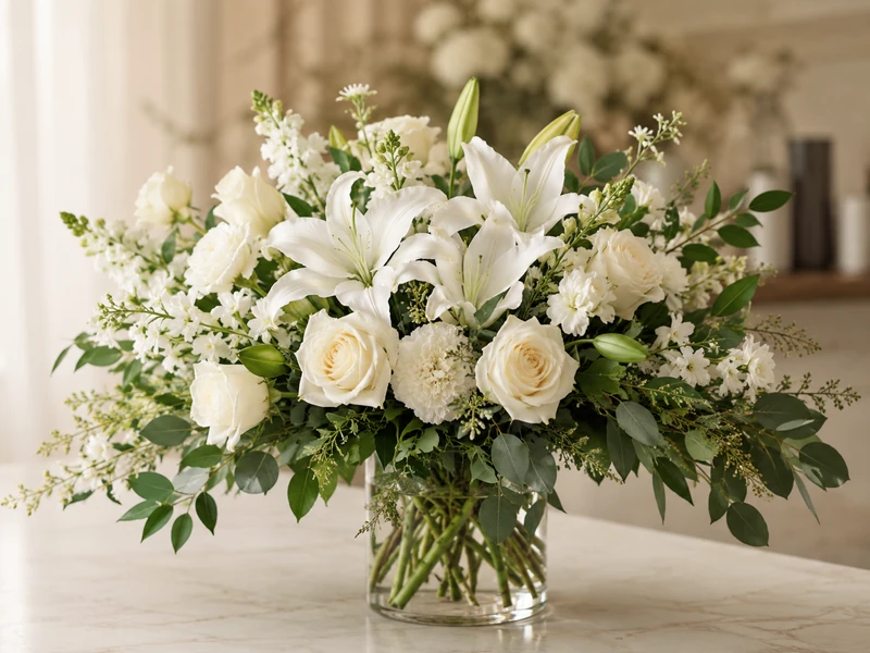 Elegant white funeral flower arrangement for Nashville service delivery by Velvet Rose