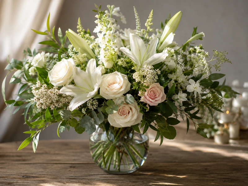Soft sympathy bouquet with white flowers and greenery for Nashville delivery by Velvet Rose