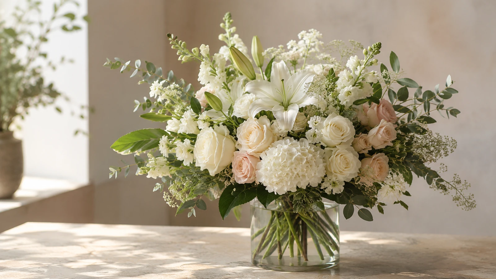 Soft sympathy bouquet with white flowers and greenery for Nashville delivery by Velvet Rose