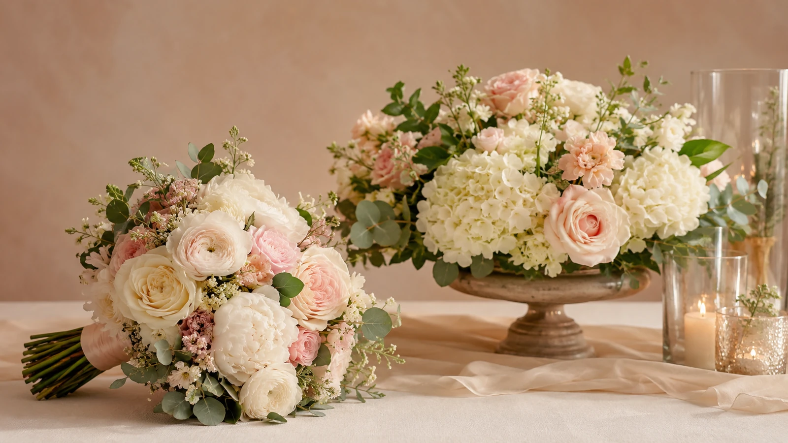 Red pink white and yellow roses arranged on a clean florist table