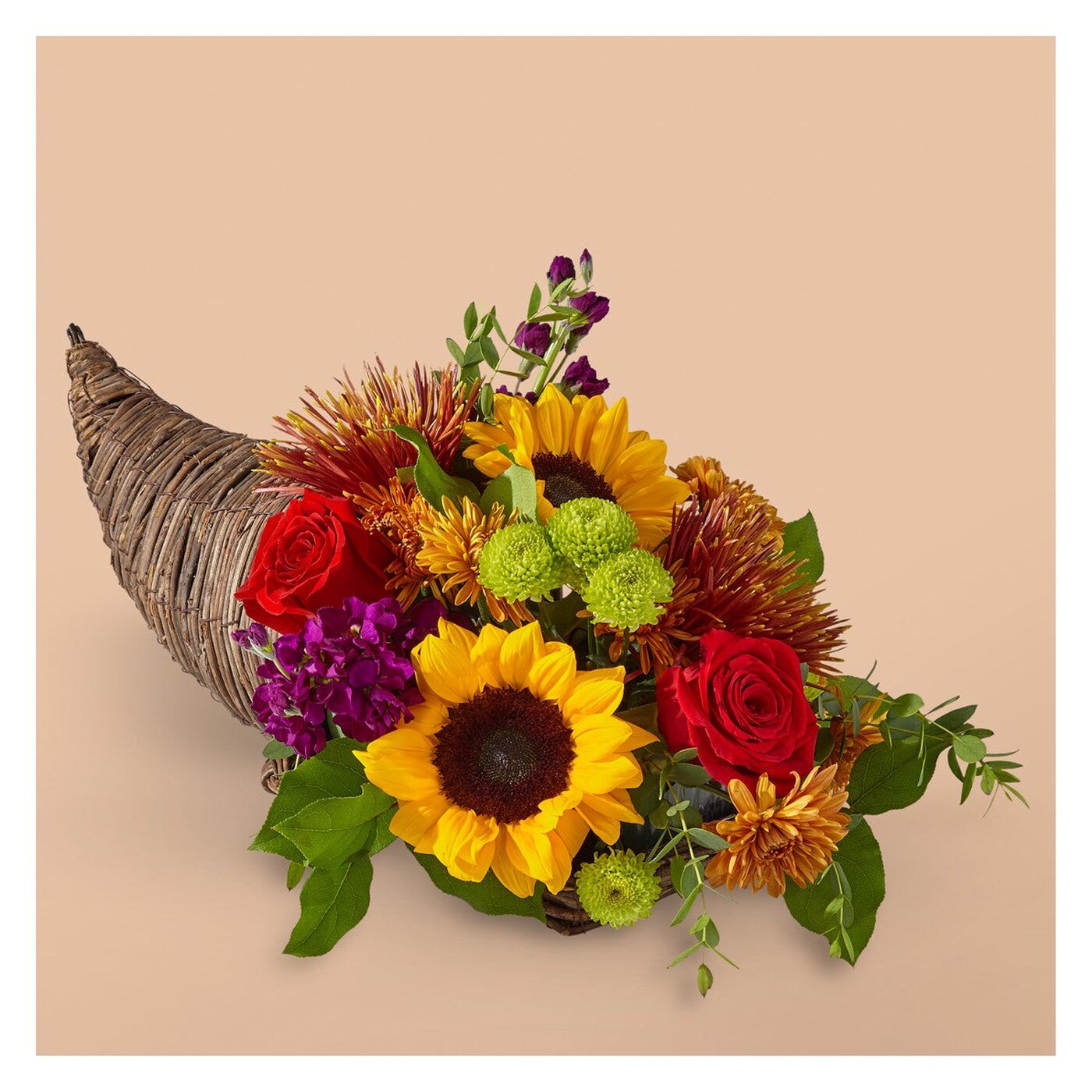 Friendsgiving Cornucopia flower arrangement