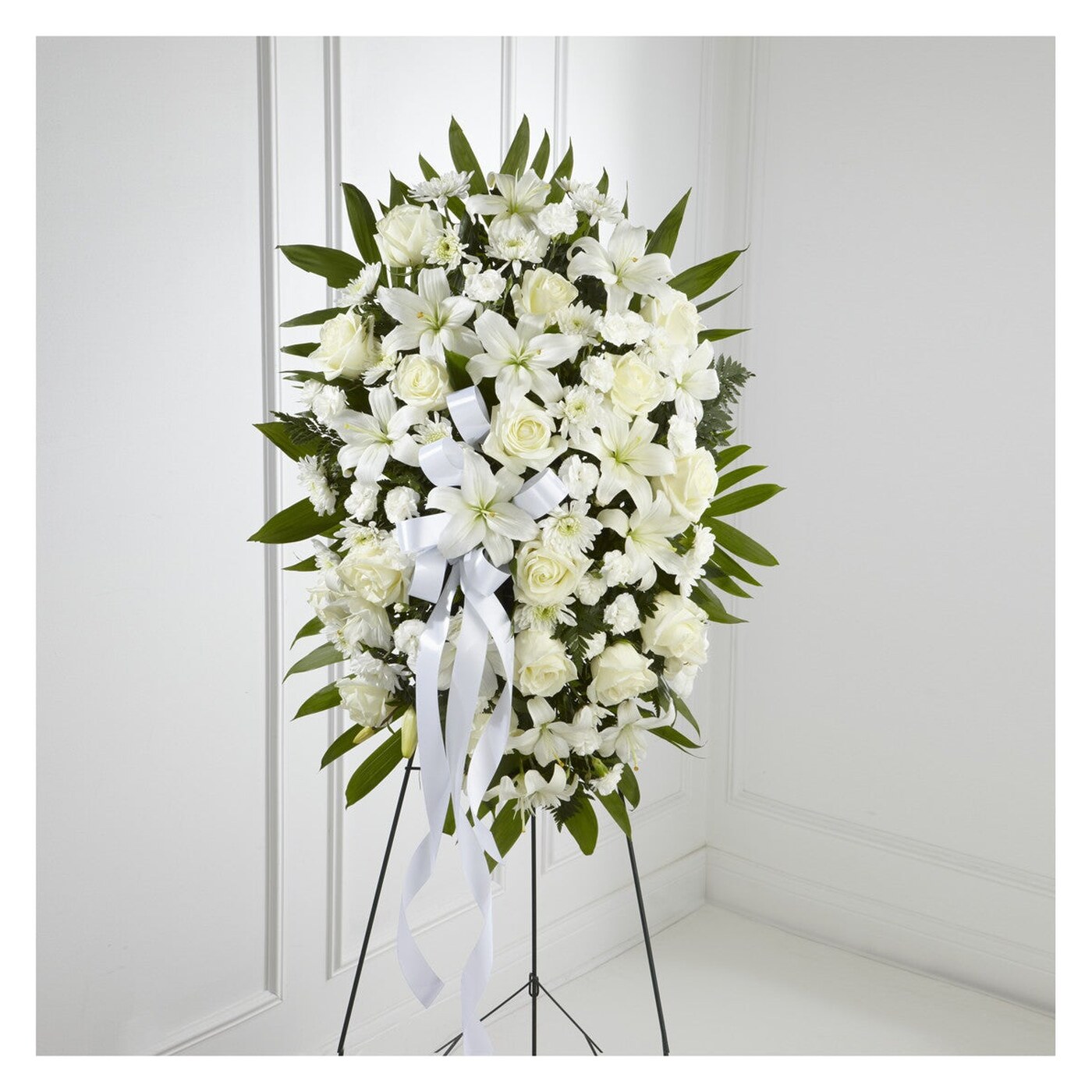 Exquisite Tribute Standing Spray-White Ribbon arrangement option 2
