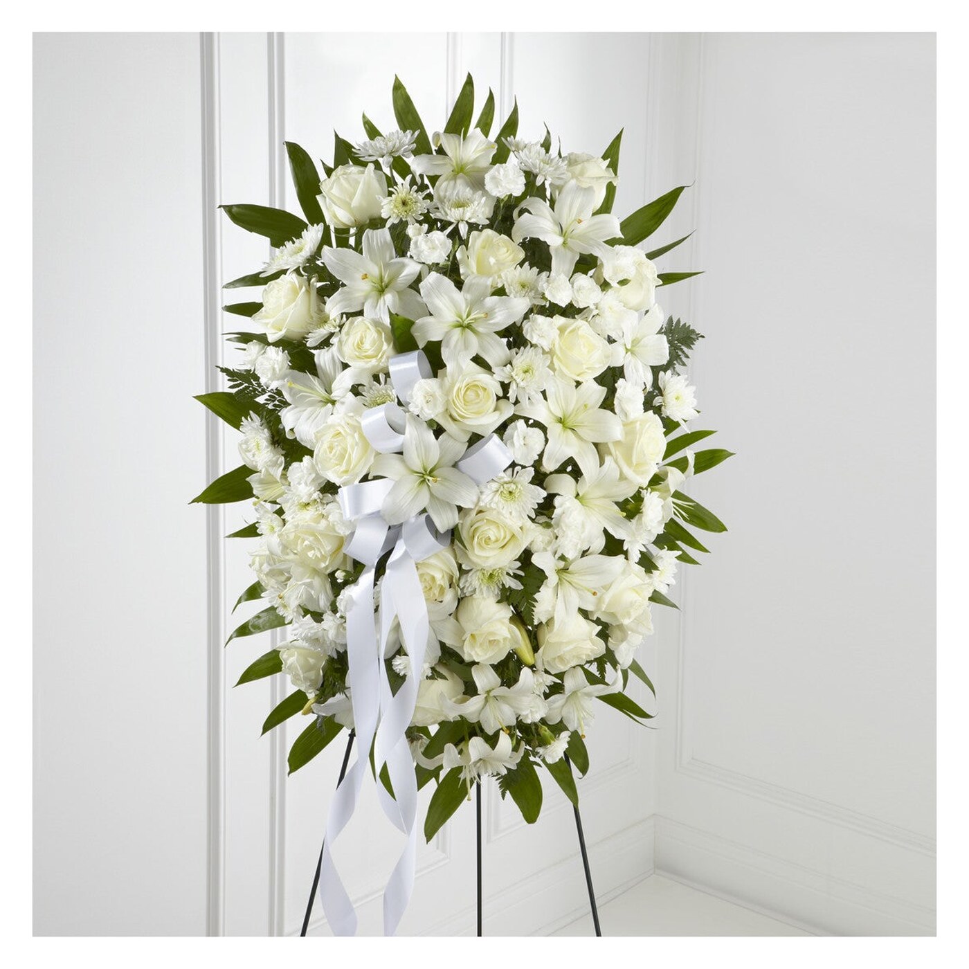 Exquisite Tribute Standing Spray-White Ribbon arrangement option 3