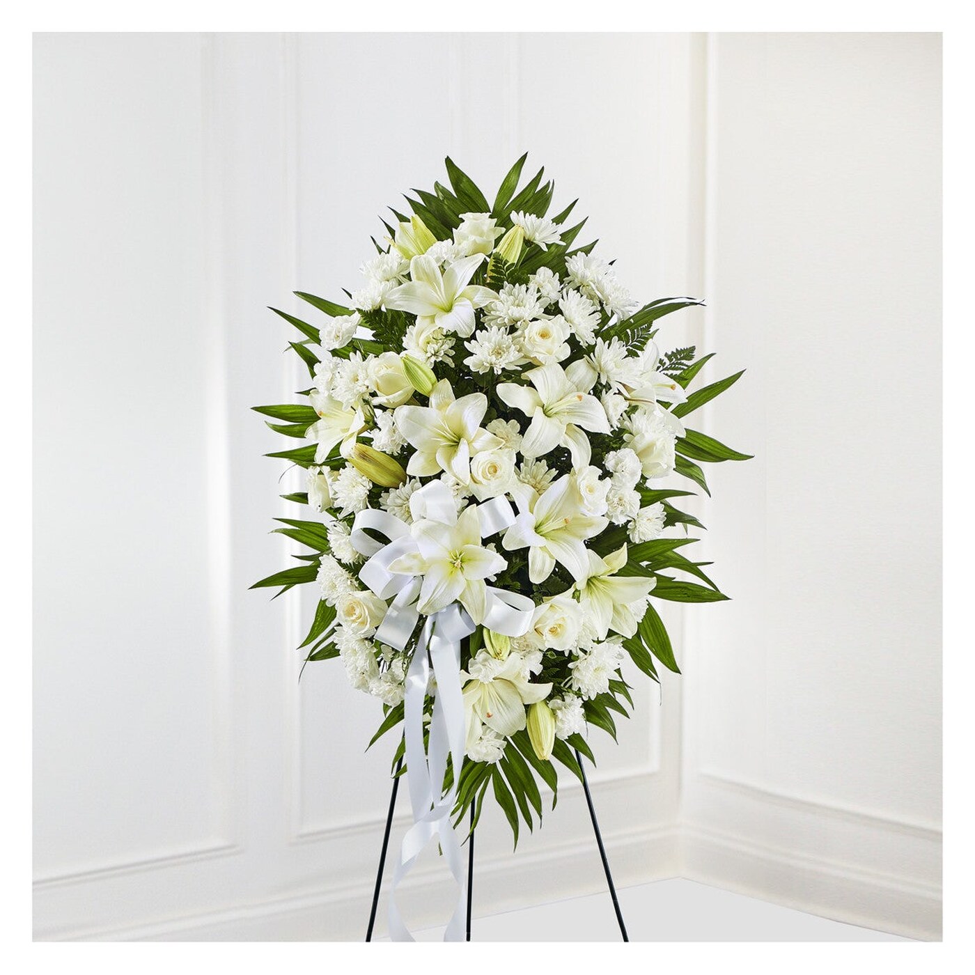 Exquisite Tribute Standing Spray-White Ribbon arrangement option 4